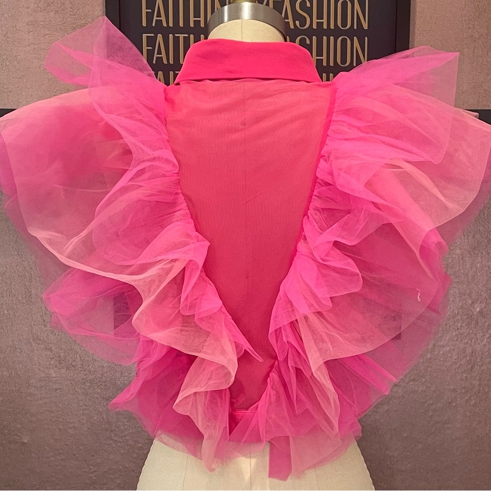 Women's Pink Ruffle Button-Down Shirt - Statement Dressy Top - Picture 2 of 4